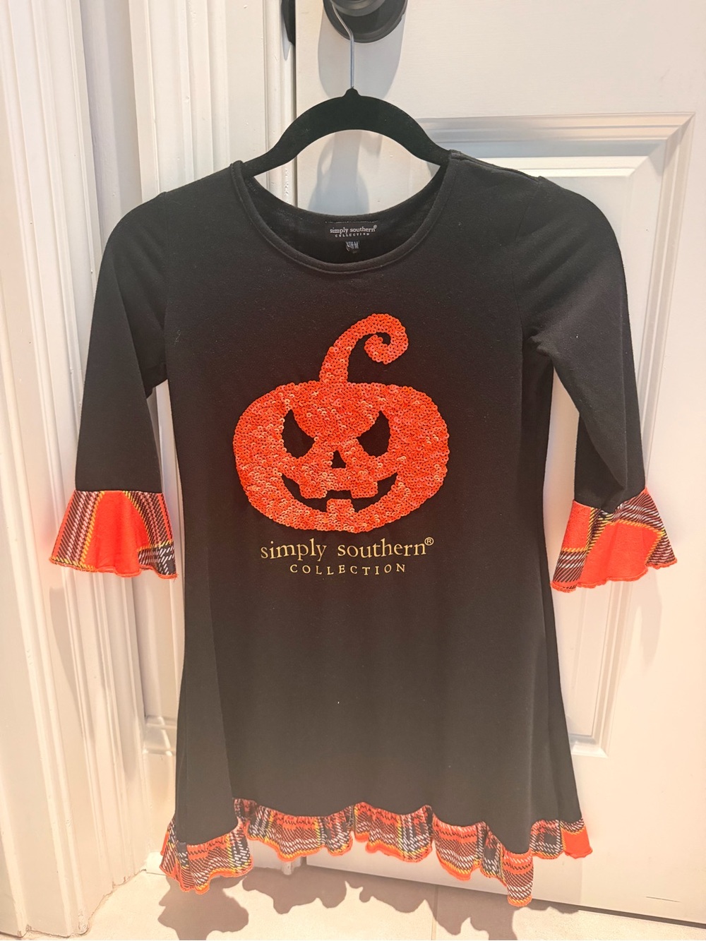 Simply Southern Black Dress with Orange Sequin Pumpkin- Youth Medium